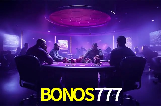 Escena dinámica inspirada en casino con iluminación BONOS777, cartas, fichas e íconos de juegos digitales en un espacio moderno de juegos.