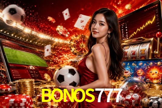 Una escena digital vívida inspirada en casino con BONOS777 mostrado prominentemente, luces brillantes, fichas, cartas y acentos dorados.